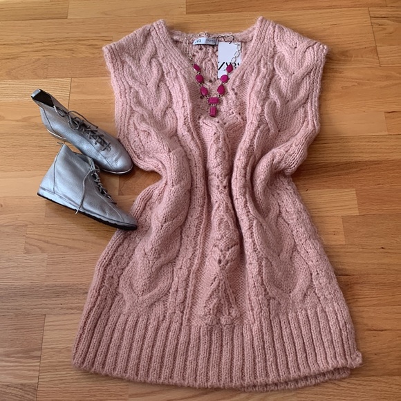 ZARA NWT 💕LONG CABLE KNIT VEST PINK - Picture 12 of 16